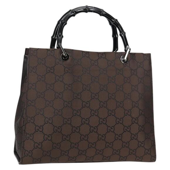 GUCCI GG Canvas Bamboo Hand Bag Nylon Dark Brown Silver 002 002 - Picture 1 of 16